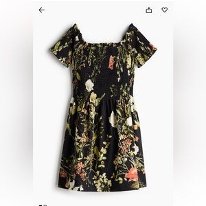 NWT H&M Smocked mini dress, black floral, size XL